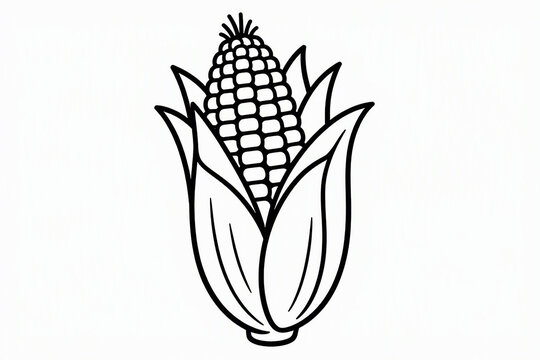 Black and white line art coloring page of a corn cob for kids, isolated on white background   
