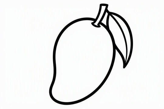 Black and white line art coloring page of a mango with a leaf for kids, isolated on white background
