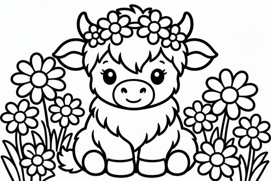 Black and white line art coloring page of a cute baby highland cow with a flower crown for kids, isolated on white background