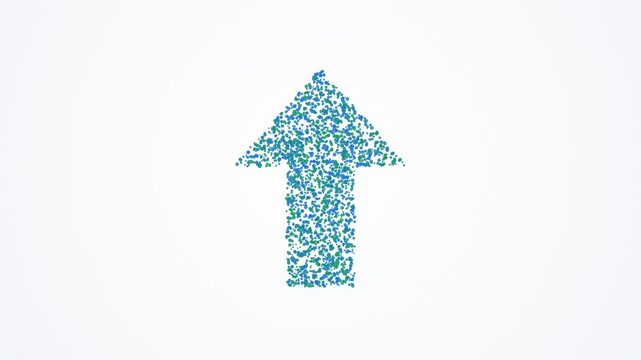 Animated upward arrow formed by blue and green particles showing growth and progress over time