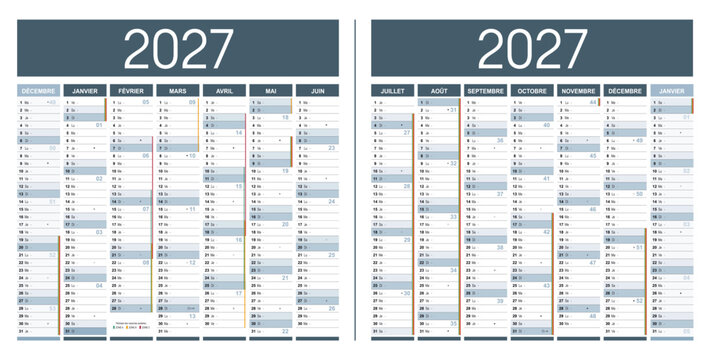 Calendrier Fran&ccedil;ais 2027 modifiable vectoriel, grand format France. Mod&egrave;le personnalisable pour bureau