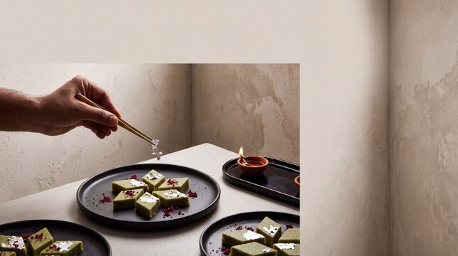A hand using culinary tweezers to garnish traditional Indian pistachio barfi sweets with edible silver leaf on dark plates with a lit diya lamp