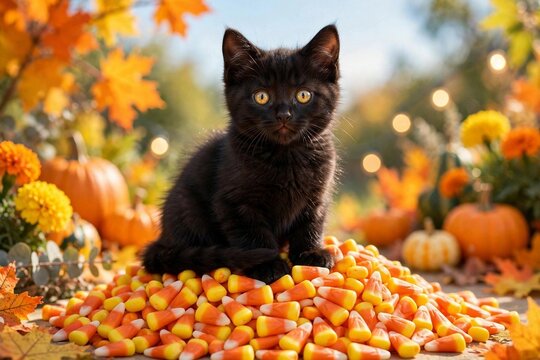 Cute black kitten sitting on candy corn pile, bright Halloween