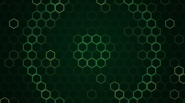 Abstract digital animation of glowing green hexagons forming a dynamic network pattern on a dark background
