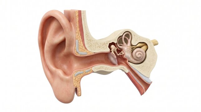 Detailed 3D anatomical model of the human ear showing its inner, middle, and outer structures