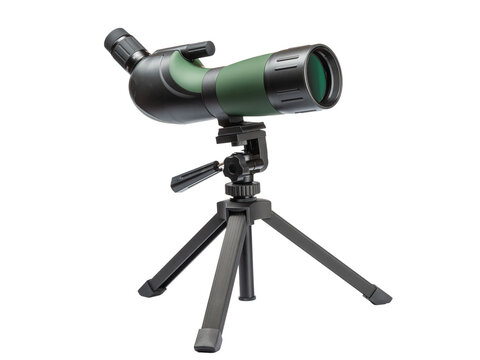 Green and black angled spotting scope is mounted on a tabletop tripod