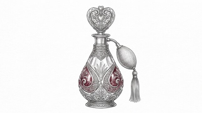 Ornate vintage perfume atomizer illustration with heart-shaped stopper and tassel