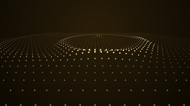 Abstract digital wave of glowing dots forming a landscape in a dark environment, showing movement and transformation