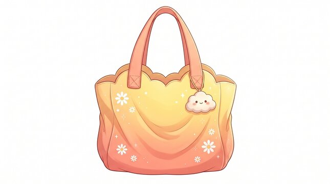 Cheerful illustrated summer tote bag with scalloped edges, flower details, and a smiling cloud charm