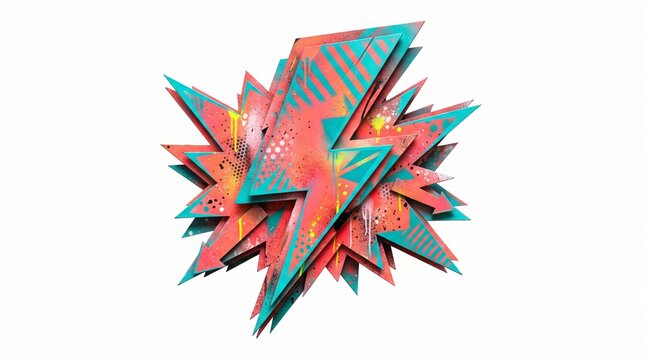 Colorful layered lightning bolt sculpture with vivid geometric patterns on a white background
