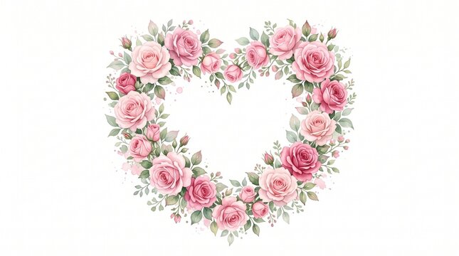 Delicate heart-shaped floral wreath of pink watercolor roses and green leaves on white
