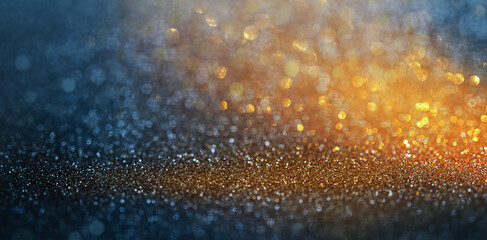 Blue and Gold Glitter Background with Glowing Bokeh Highlights