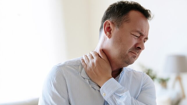 Man holding his neck while sitting indoors during the day