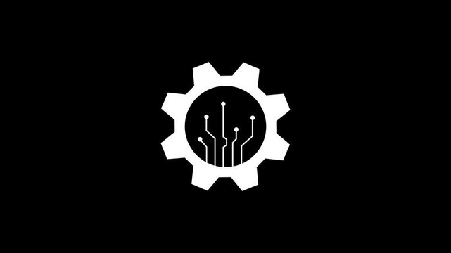 White gear cog icon with internal circuit board tech lines assembly animation on black background, core processing and software engineering concept element, loop motion graphics asset.