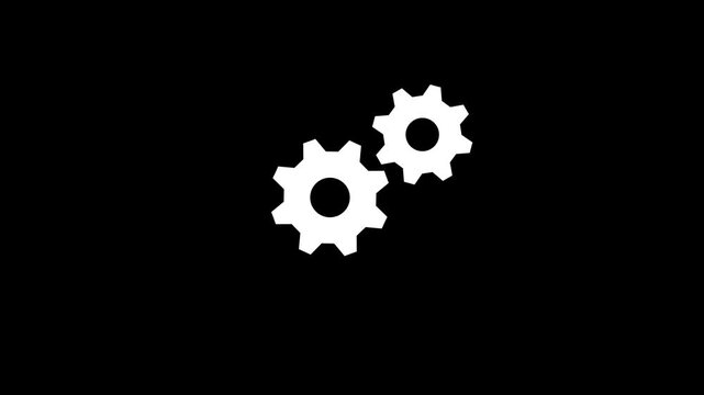 White rotating gears cogs icon animation on black background, settings and system configuration concept element, mechanics and operation process loop motion graphics for UI design.