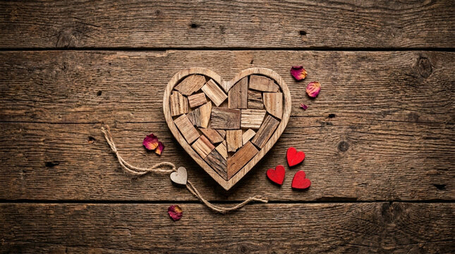 Heart shape wooden craft box filled with wood pieces rustic background Valentines Day decoration love symbol romantic DIY project