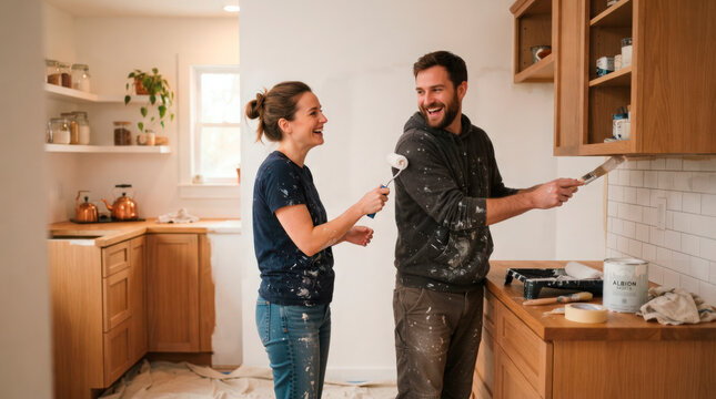Happy couple renovating kitchen with paint and laughter during home improvement project. Couple enjoys playful moments while painting walls and cabinets. Concept home renovation for lifestyle blogs.
