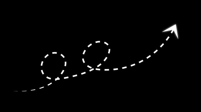 Animated white dotted arrow loop line motion video design element on black background. Hand drawn dashed path growth pointer graphic. Perfect for infographic, intro, and presentation projects.