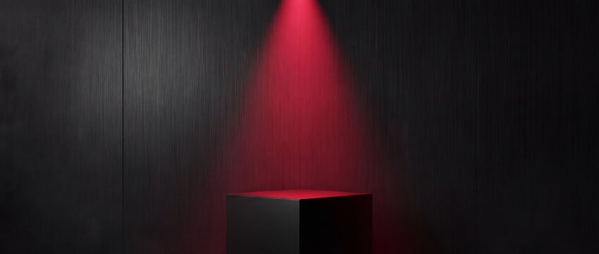 Black cube display pedestal illuminated by a single red spotlight