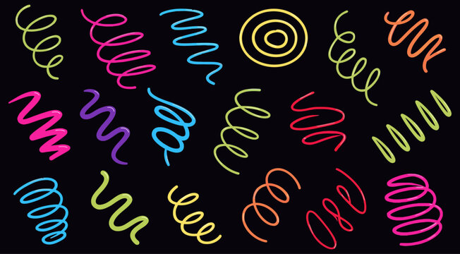 Neon colored doodle swirls and vector loops featuring vibrant glowing abstract shapes displayed against transparent background