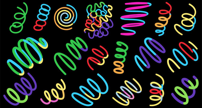 Vibrant multicolored doodle swirls and squiggly lines forming hand drawn graphic design elements isolated on transparent background