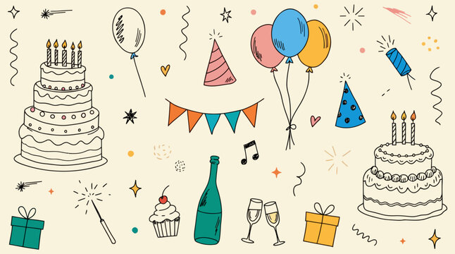 Colorful doodle set featuring birthday cakes balloons hats confetti streamers presents champagne glasses and sparkling candles isolated on transparent background