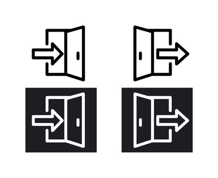 Login and logout icon set showing open doors with directional arrows in black outline and dark-panel variants, login, logout, door