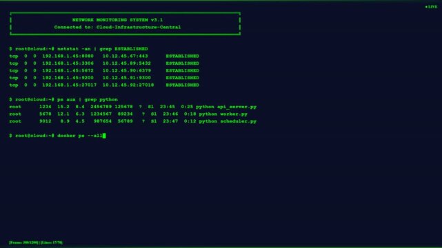 Green Network Monitoring Terminal Docker Kubernetes Cloud Infrastructure Console.