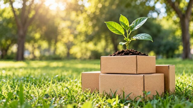 Leafy Seedling Growing Above Kraft Recycling Boxes in a Sunlit Garden