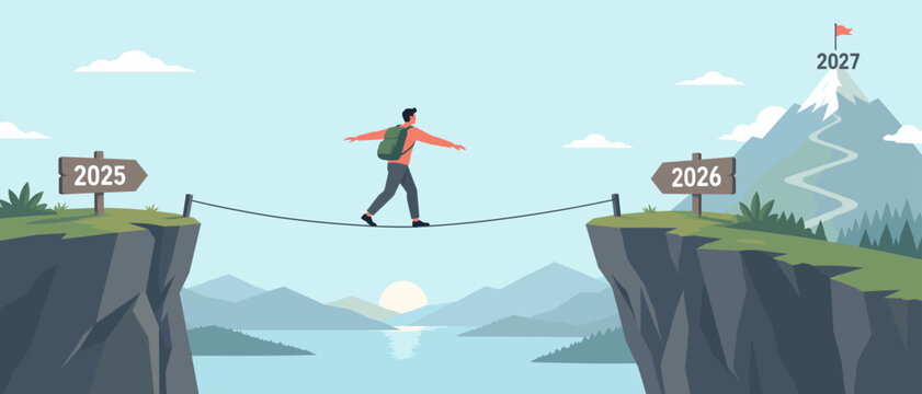 Person balancing between two cliffs labeled as consecutive annual milestones leading toward 2027, 2027, newyear, goals, target,