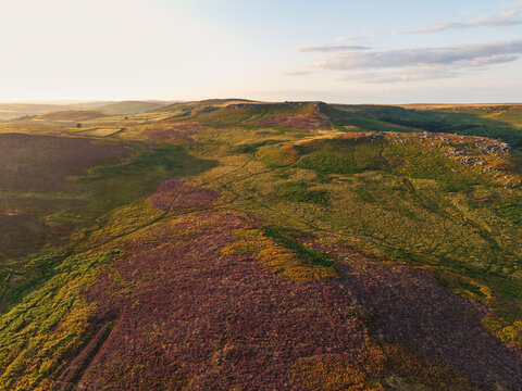 Beautiful drone landscape image view over Burbage South Edge in Peak District during Summer heather sunset