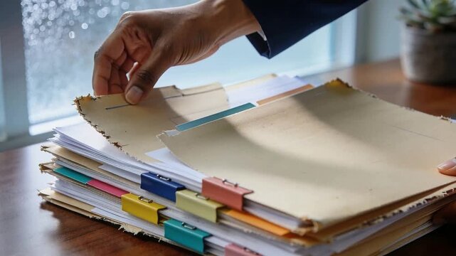 Right hand reaching office worker in dark jacket flipping manila folders on wood desk, locating tab