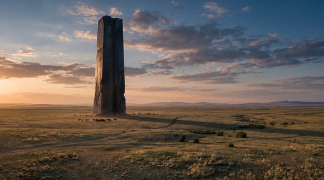 Colossal dark monolith standing in vast grassland steppe at sunset. Sci-fi alien obelisk in prairie landscape with grazing horses