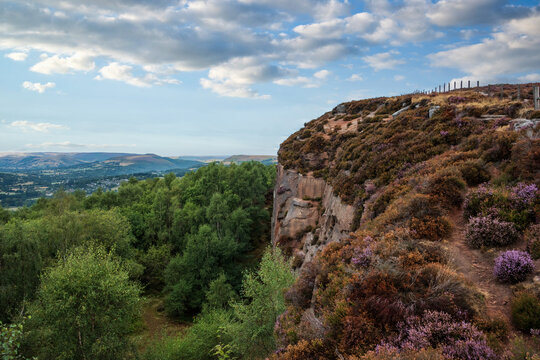 Stunning Peak District landscape from Surprise View with vibrant heather and dappled sunlight over the hills