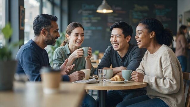 Grupo de amigos multietnico conversando y sonriendo mientras disfrutan de un caf&eacute; en una cafeter&iacute;a moderna
