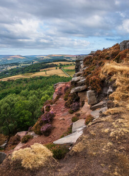 Stunning Peak District landscape from Surprise View with vibrant heather and dappled sunlight over the hills