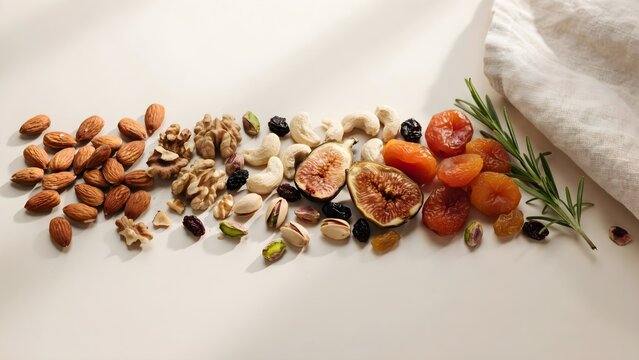 Surtido de frutos secos y frutas deshidratadas alineados sobre una superficie clara con romero fresco y servilleta de lino