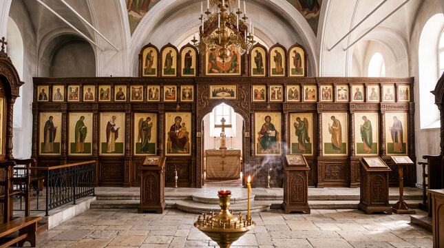Interior of an orthodox Christian church featuring a carved wooden iconostasis with religious icons, a burning candle in a brass holder, and an altar in the background