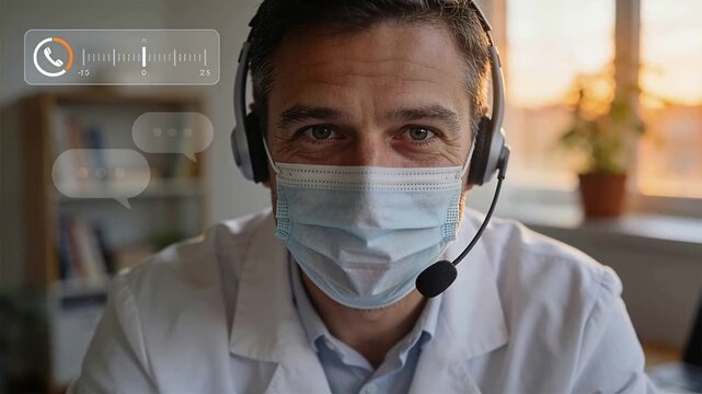Call-overlay appearing, doctor speaking to headset, nodding for remote consult with lab coat, mask