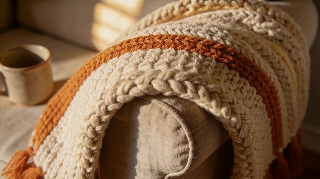 Panning camera drawing chunky braided blanket into close-up on sofa armrest, highlighting yarn