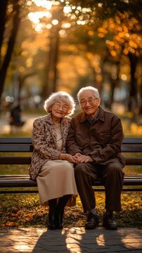 An elderly couple smiles while sitting together on a park bench amidst autumn foliage and warm sunlight. AI.