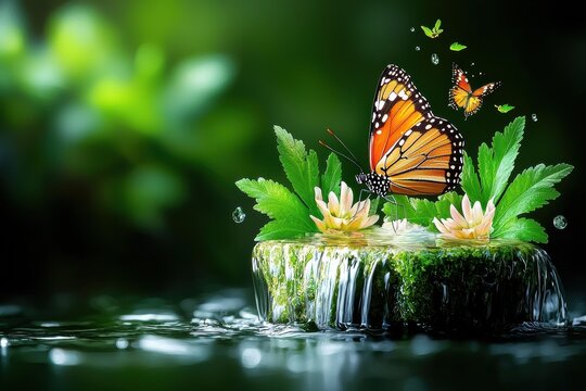 A monarch butterfly perches on a mossy rock with a miniature waterfall, surrounded by delicate flowers and green leaves in a tranquil setting. AI.