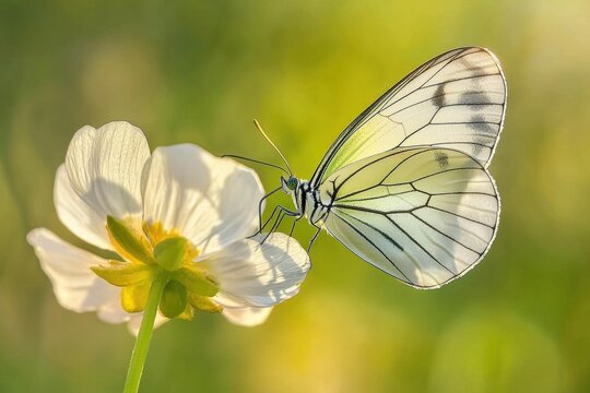 A white butterfly with black veins rests on a white flower petal with a green background. AI.