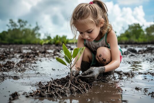 A young girl wearing gloves plants a small seedling in muddy soil under a cloudy sky. AI.