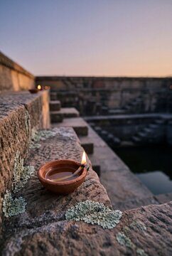 A traditional clay oil lamp burning on ancient mossy stone steps overlooking a historic stepwell during a peaceful dusk