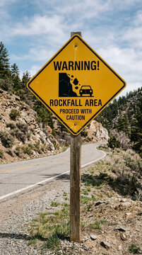 Yellow warning sign for rockfall area on a winding mountain road caution sign for falling rocks and danger scenic driving route