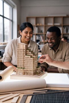 Diverse architects smiling while working on a wooden sustainable building model with green roofs in a modern design studio
