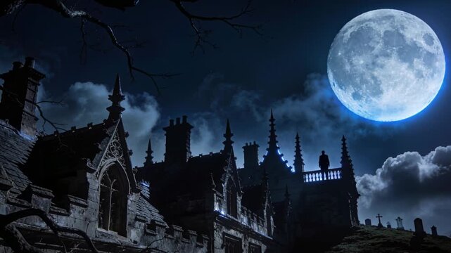 Standing cloaked figure watching full moon on rooftop ledge while clouds drifting graves