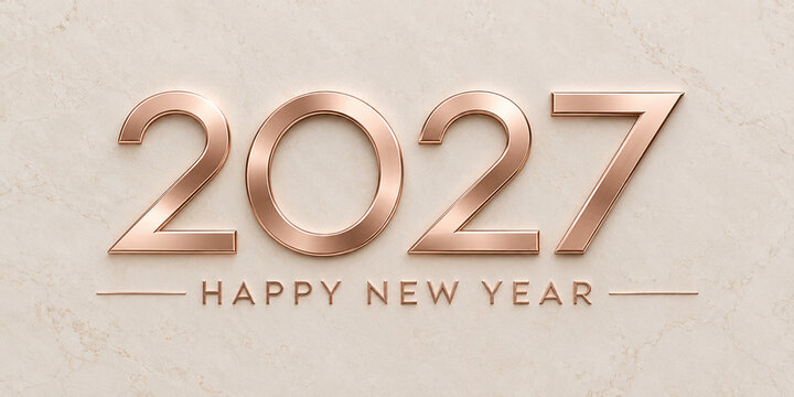 Rose gold 2027 new year greeting with metallic numerals on a cream marble background