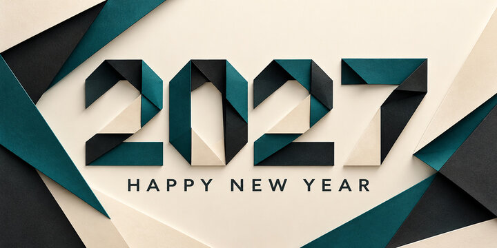 Origami 2027 new year numerals in teal and black folded paper on a cream background